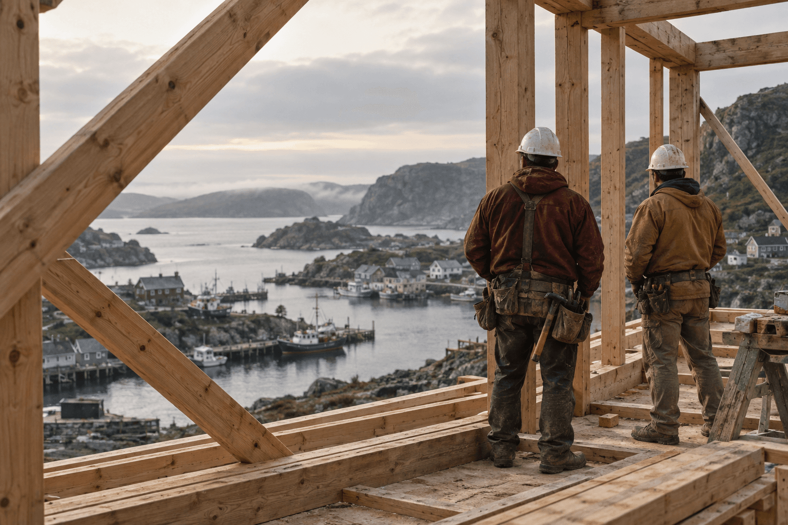 Illustrative construction scene: workers overlooking an Atlantic harbour through timber framing